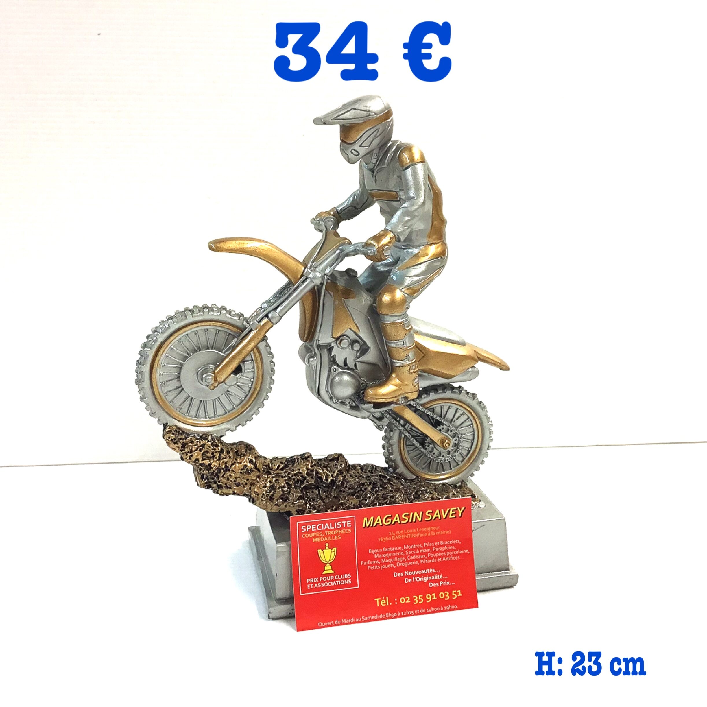 Trophée figurine motocross – casque doré sur socle en marbre 10cm